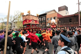 「城崎だんじり祭り」で盛り上がりを見せるセリ＝豊岡市城崎町