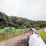 コウノトリの衣装をまとう河合美智子さん＝豊岡市祥雲寺