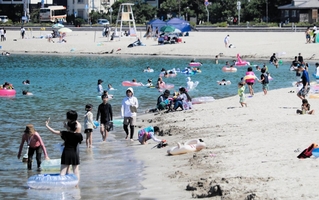 海水浴客でにぎわう竹野浜＝２３日午後、豊岡市竹野町竹野
