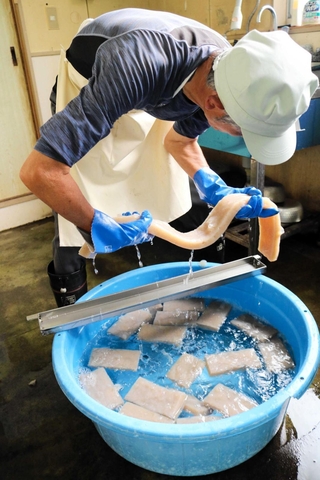 ゆであがった長いコンニャクをカットする＝豊岡市竹野町轟