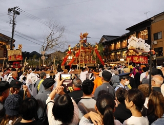 三つどもえで盛り上がりを見せるセリ＝豊岡市城崎町湯島