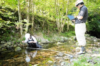 川の水量を計測する担当者ら＝養父市大屋町明延