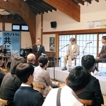 コウノトリの野生復帰を支えてきた人たちとのトークセッションに臨む中貝宗治さん（壇上右）ら＝豊岡市祥雲寺