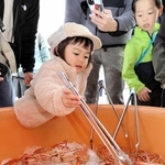 セコガニのつかみ取りに挑戦する子どもら＝豊岡市瀬戸