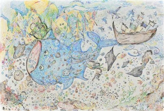 丸岡美穂さんの「光さすブルー海中の下ジンベ－君」（がっせぇアート提供）