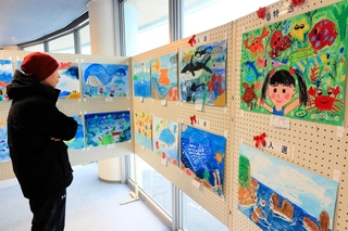 日本海の風景や海の生き物を描いた作品が並ぶ＝ジオパークと海の文化館