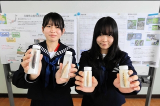 田結湿地での調査発表でグローブ賞に選ばれた秋田茉夏さん（右）と福井志歩さん＝香住高校