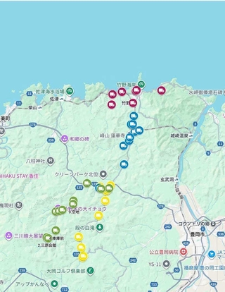 「移動スーパー１２３」が販売していた場所の地図。豊岡市竹野地域の海から山までくまなく回っていた（同市社会福祉協議会提供）