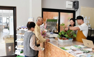 有機野菜や加工品、高校生が育てた野菜の苗などを販売する＝養父市上野
