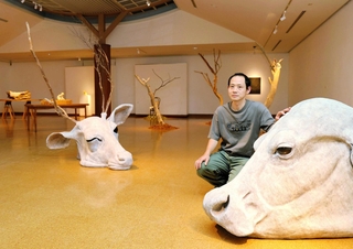東影智裕さんが約２０年間に手がけた作品が並ぶ＝朝来市多々良木