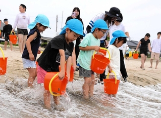 カサゴの稚魚を放流する竹野認定こども園の園児ら＝豊岡市竹野町竹野