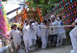 神輿を担いで石段を登る男衆＝宇都野神社