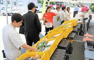 就労継続支援Ｂ型事業所「ドーナツワークス」の利用者らが丹精して育てた野菜を買い求めるタジマ食品工業の従業員ら＝豊岡市日高町東芝