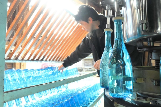 瓶詰めされる「鴨庄百人一酒」の新酒＝鴨庄酒造