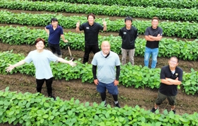 青々とした豆畑に立つ「デカンショ豆」の生産農家ら＝丹波篠山市内