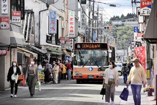 マスク姿の観光客らでにぎわう、篠山城跡近くの商店街＝丹波篠山市二階町