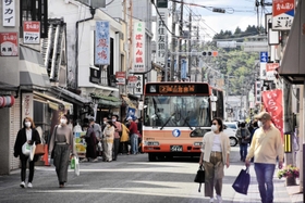 マスク姿の観光客らでにぎわう、篠山城跡近くの商店街＝丹波篠山市二階町