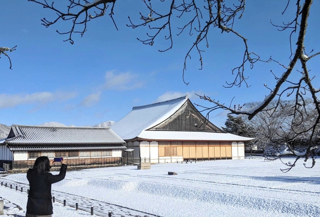 雪景色の篠山城跡。スマホで撮影する人もいた＝丹波篠山市北新町