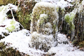 水しぶきで凍ったお不動さん。寒さにじっと耐えている？＝高源寺