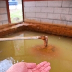 茶褐色に濁る籠坊温泉の泉源。炭酸がぶくぶくと湧き出していた＝丹波篠山市後川新田