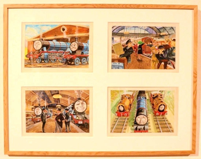 挿絵原画の展示の一つ「ゴードンのいのちびろい」。人をばかにしているといつかしっぺ返しを受けることを伝えている＝植野記念美術館