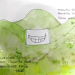 「山笑う」は春の季語。子規の句「故郷やどちらを見ても山笑ふ」を下敷きに、コロナ禍でマスク姿の「笑う山」を表現した作品