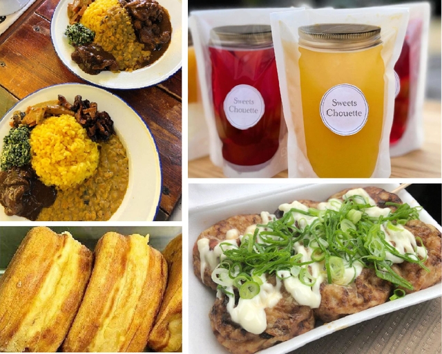 右上から時計回りに「シュエット」のゼリー、「たこ焼きたこ太郎」のたこ焼き、「デリレイカ」の大判焼き、「サカイヤ食堂」のカレー（いずれも丹波市商工会提供）