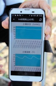 センサーの観測データを表示するスマートフォン＝丹波篠山市味間南