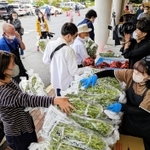 販売解禁となった黒枝豆を購入する人たち＝丹波篠山市東吹、味土里館