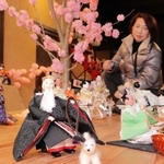 「衣川會舘」では、花見をしながら犬の散歩、宴会を楽しむ人形が飾られている。奥は発起人の衣川百合香さん＝丹波市青垣町佐治