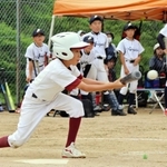 バントで着実に攻める味間少年野球団の選手＝春日総合運動公園多目的グラウンド