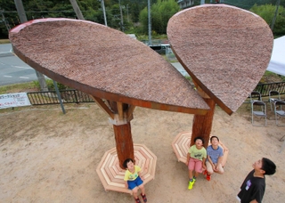 ３年の歳月をかけ、多くの人たちの手で完成した檜皮ぶきのあずまや＝丹波竜の里公園