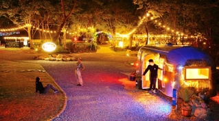 かつて棚田だった場所に開かれたキャンプ場。入場口付近は夜になると電飾で鮮やかに輝く＝丹波篠山市今田町本荘