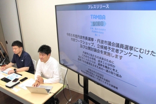 丹波市の市長、市議ダブル選に向けた公開討論会などの取り組みを発表する丹波青年会議所と丹波ひとまち支援機構＝丹波市氷上町本郷