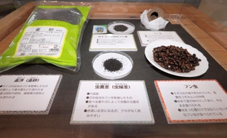 ガの幼虫のふんを乾燥させた茶「虫糞茶」や炒めて塩で味付けした糞虫など。中国やラオスなどで親しまれている＝丹波市氷上町石生