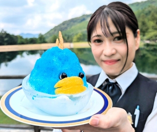 ブルーハワイのシロップをかけた青い「丹波竜かき氷」。カラフルでちょっとブサかわいい？＝丹波篠山市矢代