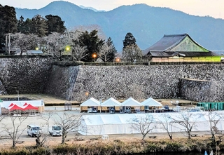 テントやトイレが設置され、「丹波篠山ＡＢＣマラソン」の大会準備が進む篠山城跡＝丹波篠山市北新町