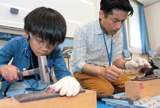 真剣な表情で化石を探す受講者たち＝丹波市氷上町石生