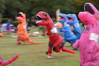 恐竜の着ぐるみ姿で走るティラノサウルスレースの参加者ら＝丹波年輪の里