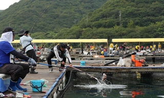 海上釣り堀施設で釣りを楽しむ参加者ら＝姫路市家島町（ハリミツ提供）