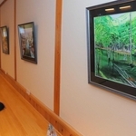 カウンター席前の壁面も展示スペースに活用。食事や休憩に訪れる多くの人たちの目に触れる＝いずれも丹波市春日町七日市