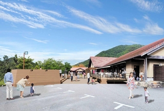 施設改修後のイメージパース図。食品加工直売所の建物の前に、ウッドデッキを設ける（丹波篠山市提供）