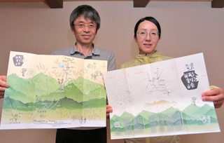 瓶割峠のイラストマップを手に、トレッキングイベントをＰＲする渡辺顕さん（左）と中辻郁美さん＝丹波市春日町棚原