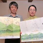 瓶割峠のイラストマップを手に、トレッキングイベントをＰＲする渡辺顕さん（左）と中辻郁美さん＝丹波市春日町棚原