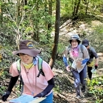 地図を手に山城・荒木城のある山を登る参加者＝丹波篠山市