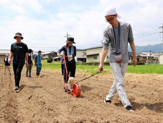 大納言小豆の種まきを体験する東京大学の学生たち＝丹波市春日町野上野