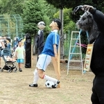 クマやサッカー選手を意識した個性的なかかしが並ぶ会場＝丹波市市島町上牧、旧鴨庄小学校