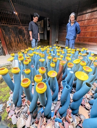 町屋の坪庭に置かれた市野雅彦さんの作品。割れた陶片も用いた＝丹波篠山市河原町