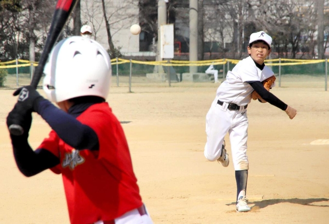 懸命にプレーする選手ら＝向島多目的球場
