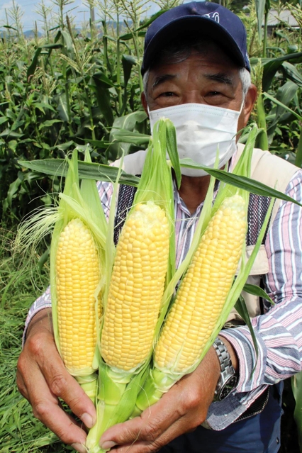 トウモロコシを手に、収穫体験への参加を呼び掛ける佐伯真究代表理事＝加古川市西神吉町宮前